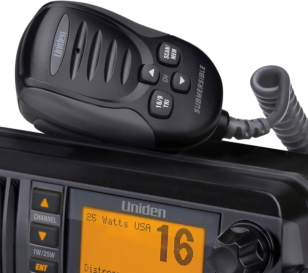 Uniden UM435BK Advanced Fixed Mount VHF Marine Radio, All USA/International/Canadian Marine Channels including new 4-Digit, CDN “B” Channels, 1 Watt/25 Watt Power, Waterproof IPX8 Submersible, Black