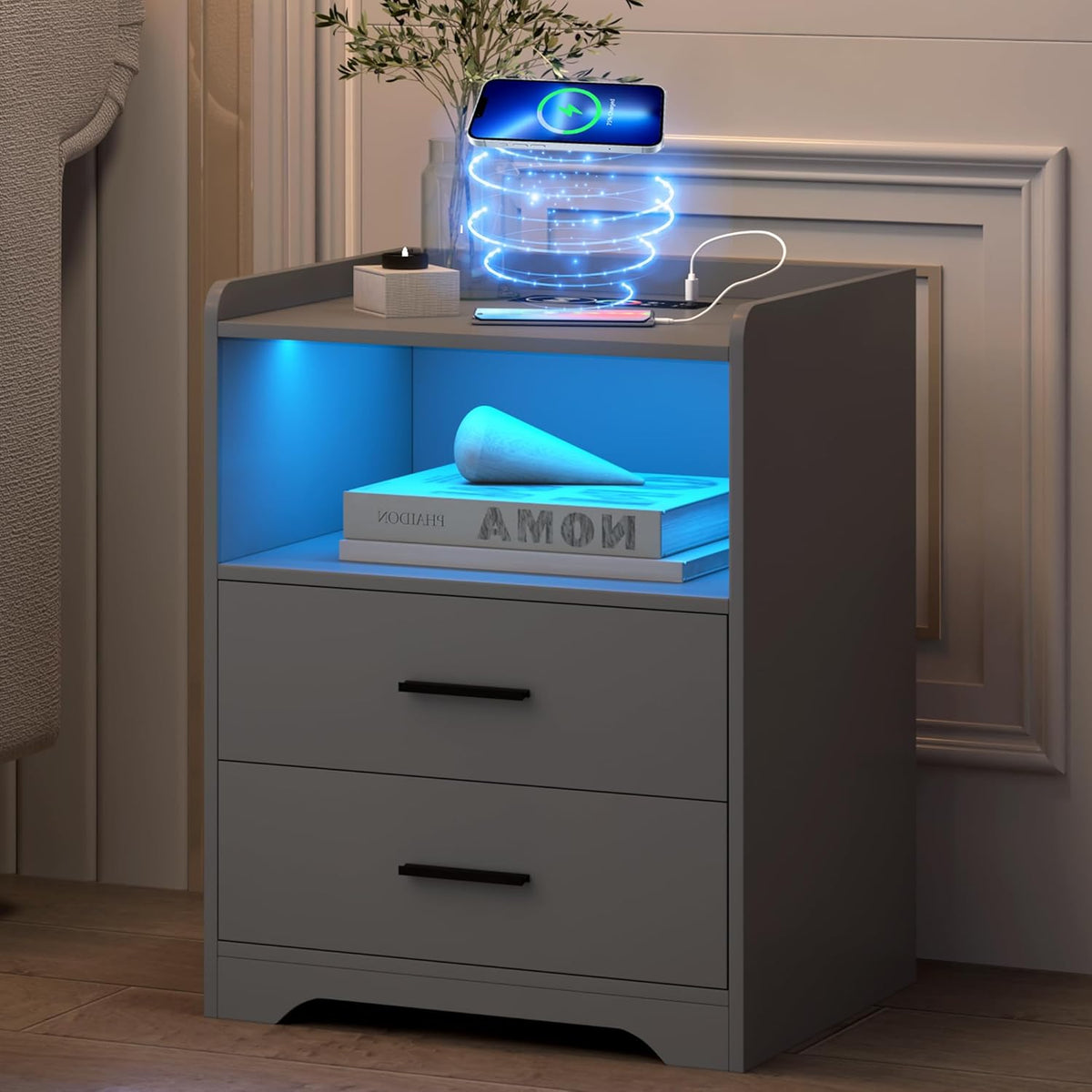 dnbss Grey Night Stand with Wireless Charging Station, Nightstand with 2 Drawers, Smart Bedside Table with 24-Color RGB Lighting, Modern LED Lighted Nightstand for Bedroom
