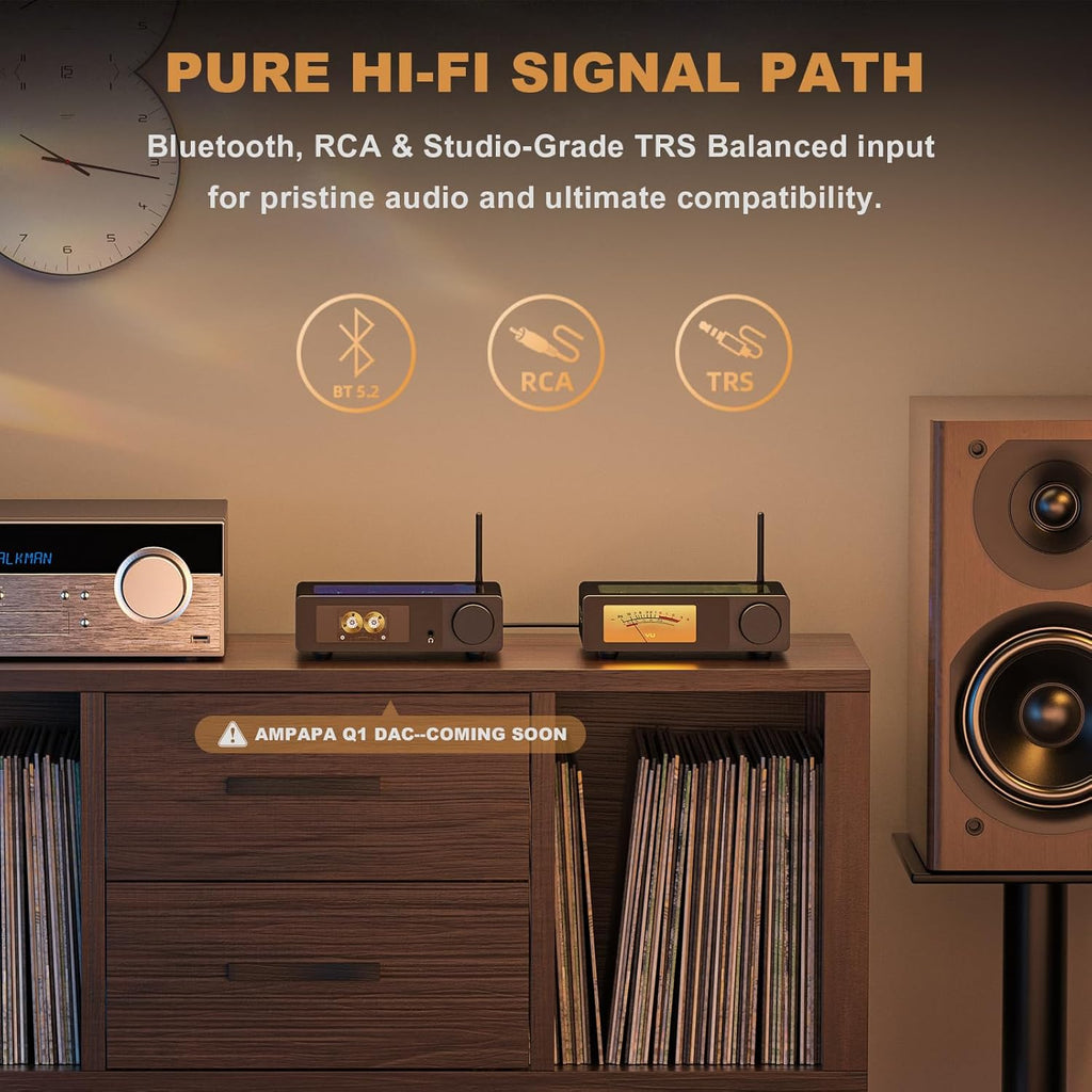 2 Channel Bluetooth Amp: HiFi 300W x2 Stereo Amplifier with BT 5.2 | HPF | Digital VU Meter | SUB Pre-Out | TRS Balanced Input | Tone Control & Remote for Home Theater Bookshelf Speakers (D1)