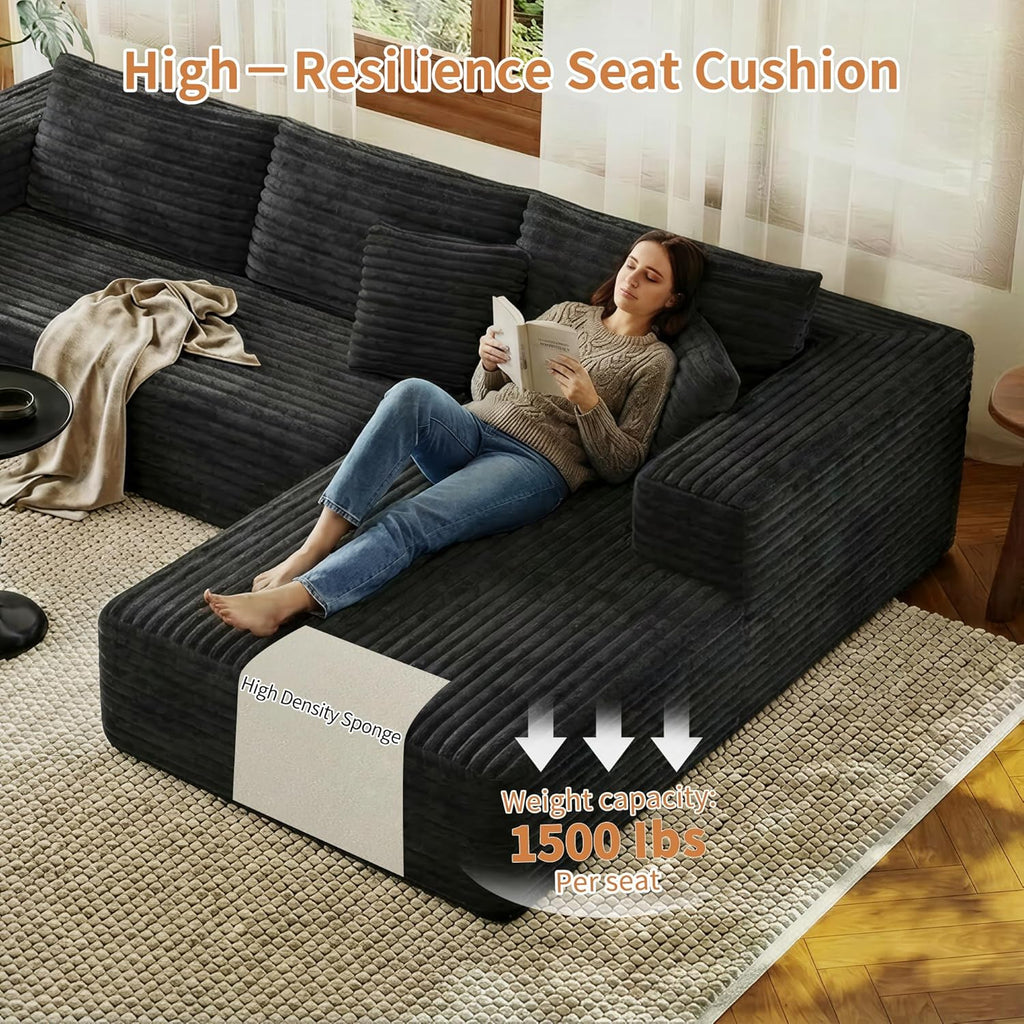 107" Modular Sectional Couches for Living Room, Comfy L-Shaped Boneless Cloud Couch with Chaise, Modern Deep Seat Corduroy Floor Sofa, No Assembly Required (Right Facing Chaise, Black)