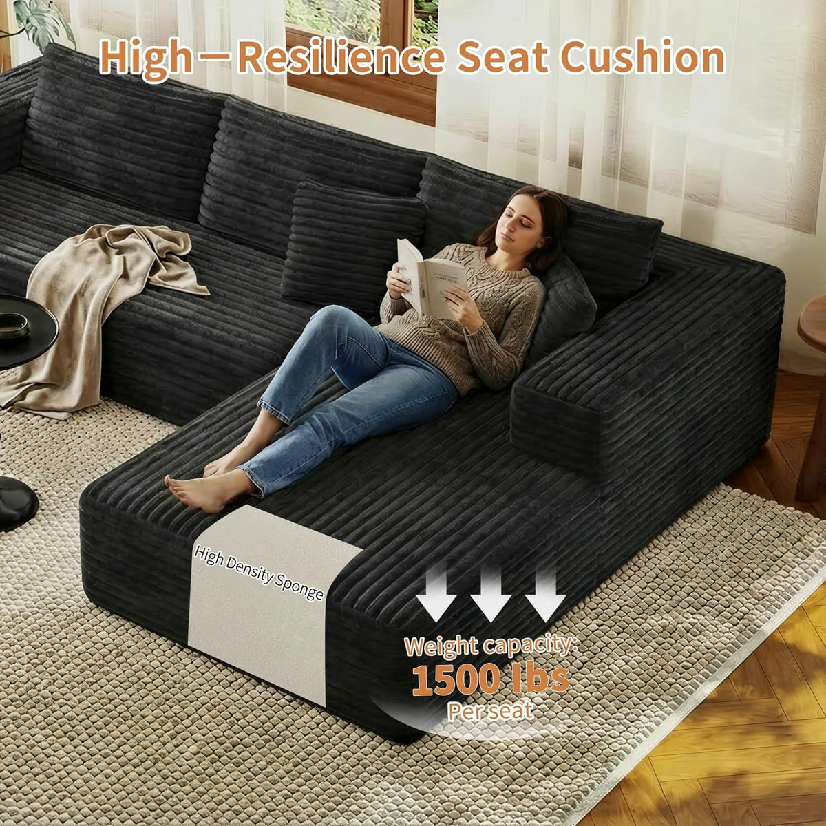 107" Modular Sectional Couches for Living Room, Comfy L-Shaped Boneless Cloud Couch with Chaise, Modern Deep Seat Corduroy Floor Sofa, No Assembly Required (Right Facing Chaise, Black)