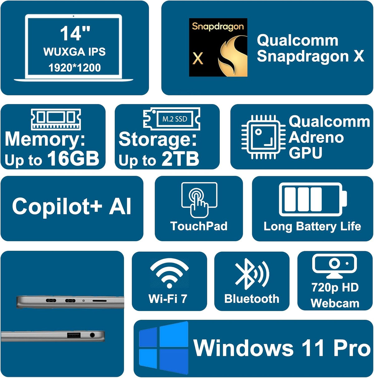 Dell Inspiron 14 5441 Laptop 14" WUXGA IPS Qualcomm 8-core Snapdragon X Up to 45 NPU Tops (>i7-1355U) 16GB DDR5 1TB SSD WiFi7 for Creator Business Professional Win11Pro