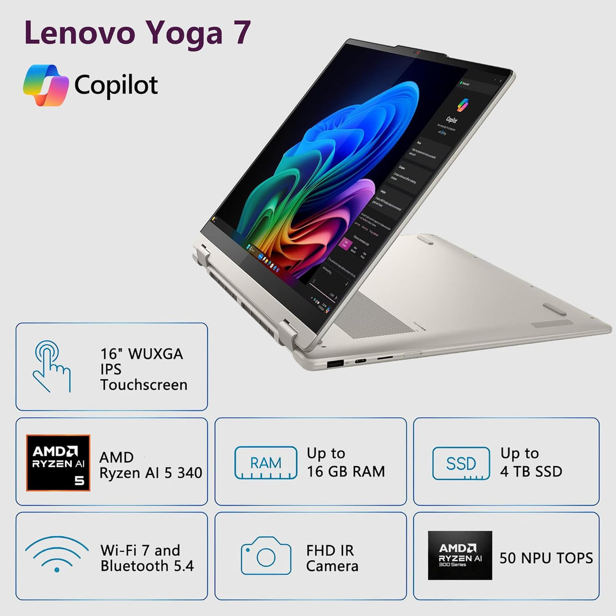Lenovo Yoga 7 2-in-1 AI PC Laptop | 16" WUXGA IPS Touch | AMD Ryzen AI 5 340 (Up to 50 Tops) | 16GB DDR5 1TB SSD | for Creator Business Professional Wi-Fi 7 Stylus Win11 Pro w/DLCA Accessory