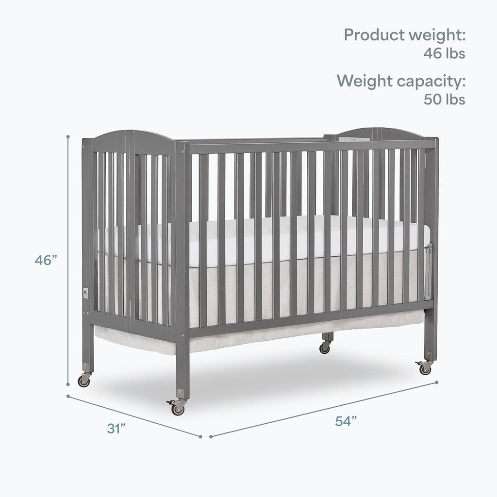 Dream On Me Full-Size 2-in-1 Folding Baby Crib in Steel Grey, GreenGuard Gold & JPMA, Portable, Patented Quick Folding System, Strong Wheels, 2 Adjustable Mattress Heights