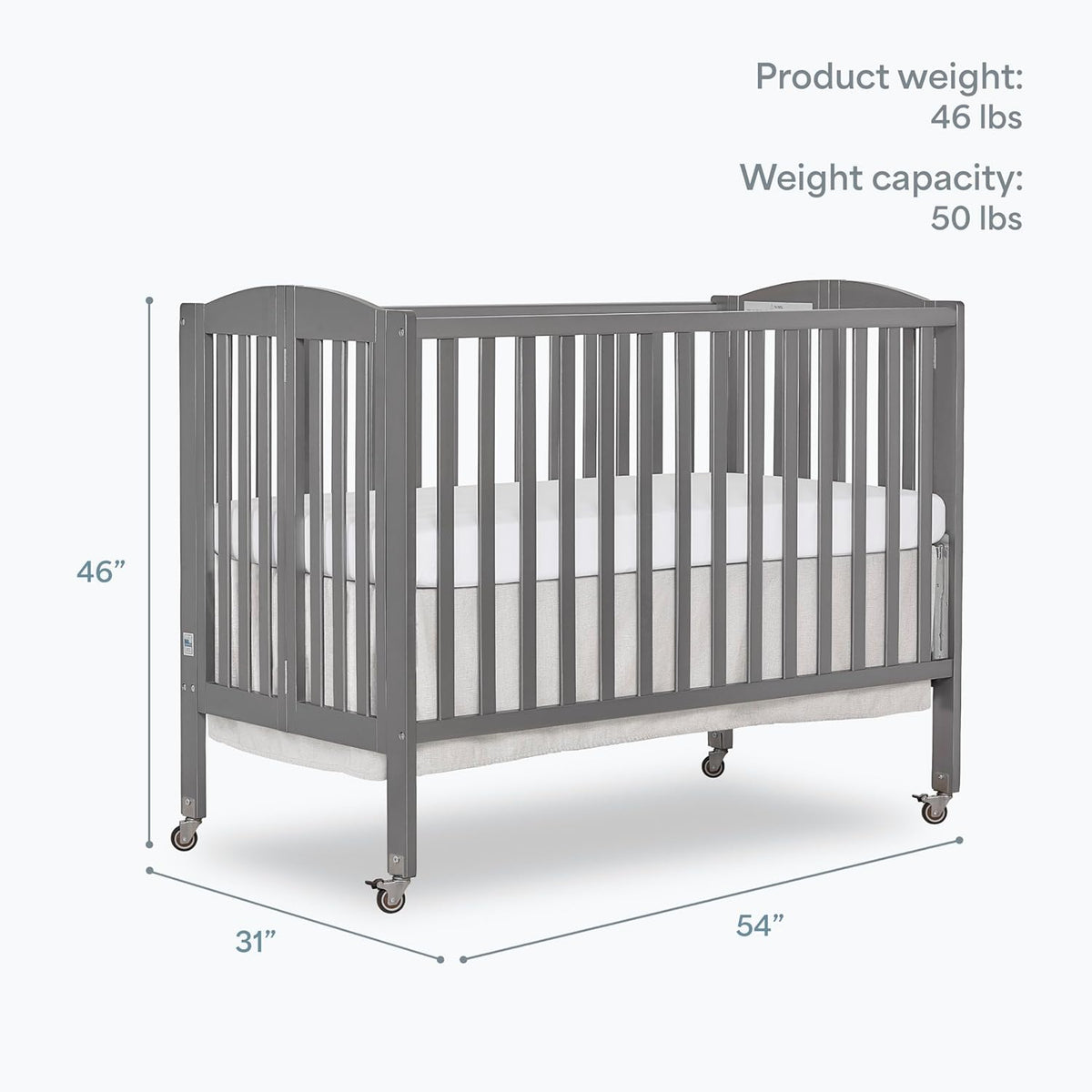 Dream On Me Full-Size 2-in-1 Folding Baby Crib in Steel Grey, GreenGuard Gold & JPMA, Portable, Patented Quick Folding System, Strong Wheels, 2 Adjustable Mattress Heights