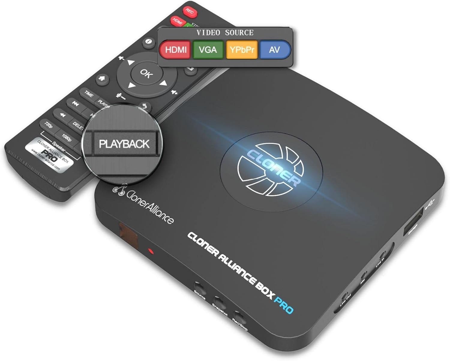 ClonerAlliance Box Pro, 1080p@60fps Video Recorder, DVR with HDMI Capture, Playback on TV. RCA/YPbPr/VGA to Digital Converter. Schedule Recording. No PC Required.