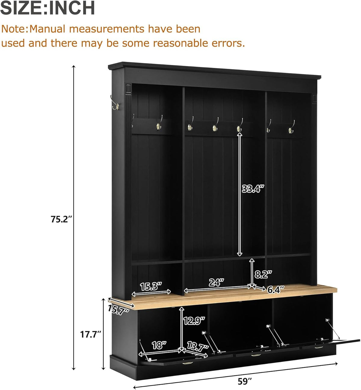 Elegant APP Controlled LED Light Hall Tree with 9 Golden Hooks, Roman Column Design Natural Storage Bench with 3 Large Cabinets, Farmhouse Entryway Organizer with Shelves for Mudroom, Hallway, Black