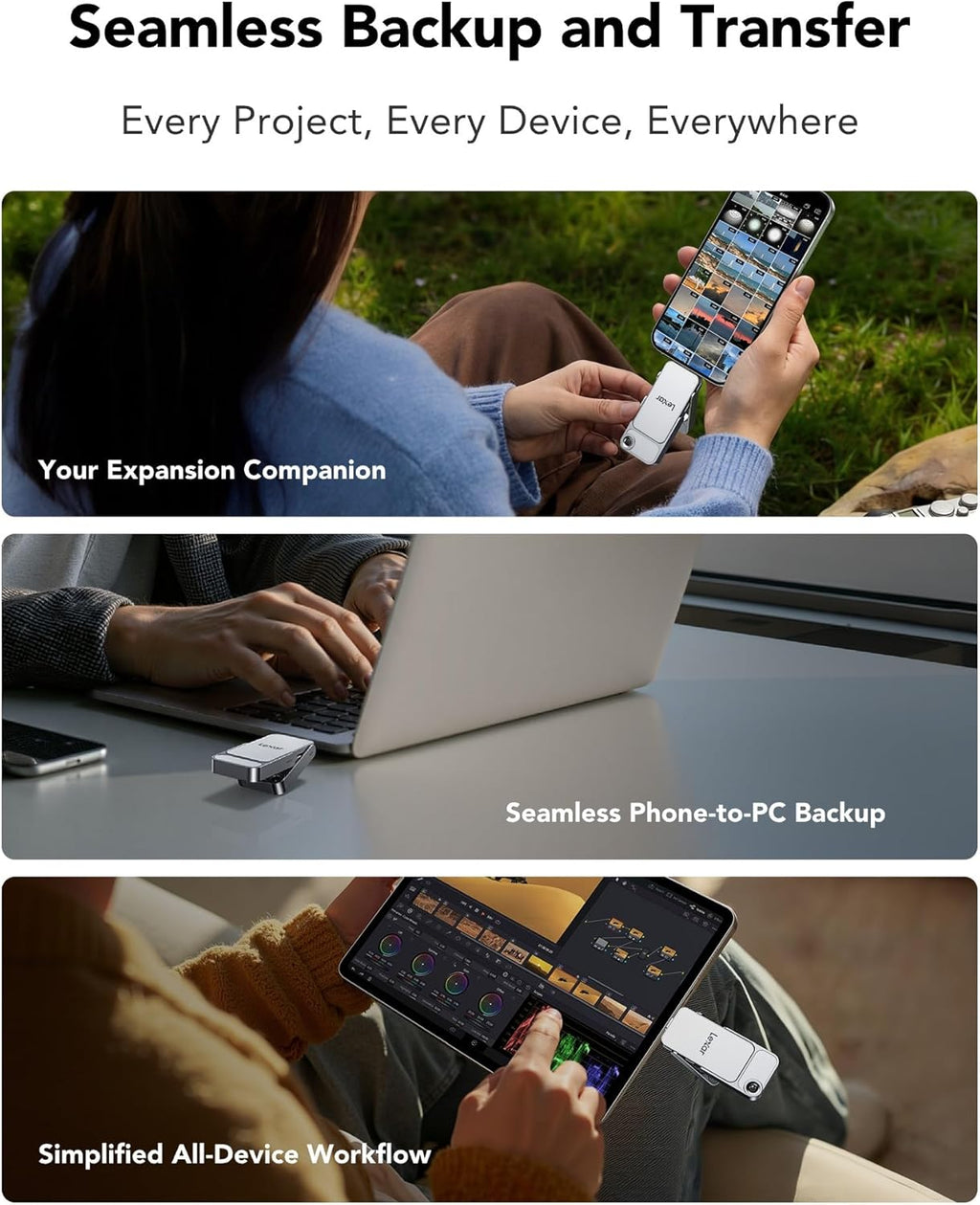 Lexar D70E 1TB Dual Drive External SSD, Up to 2000MB/s Read and 1800MB/s Write, Durable Metal Housing Design, Cable-Free Portable SSD for USB Type-C/Type-A Devices, Compatible with iPhone 17