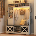 75''H LED Farmhouse Hall Tree with Bench and Shoe Storage,Entryway Bench with Coat Rack,16 Shoe Cubbies & Umbrella Holder and Sock Storage Drawer,Mudroom/Hallway Storages Cabinet(white )