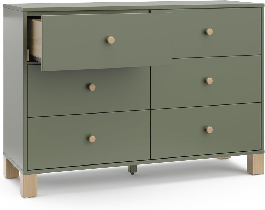 Storkcraft California 6-Drawer Double Dresser (Olive with Driftwood) - GREENGUARD Gold Certified, Interlocking Drawer System, Dresser Drawer Organizer for Kids Bedroom