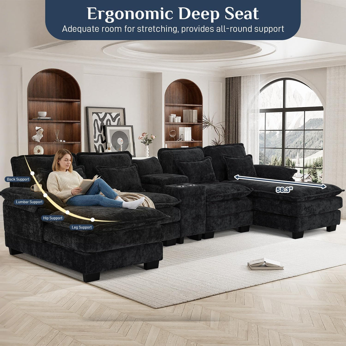 133" Oversized U Shaped Cloud Couch Modular Sectional Couches for Living Room Comfy Chenille Deep Seat Sofa Set with Double Chaise Lounge, Storage Central Console, Cup Holders, USB Port, Dark Black