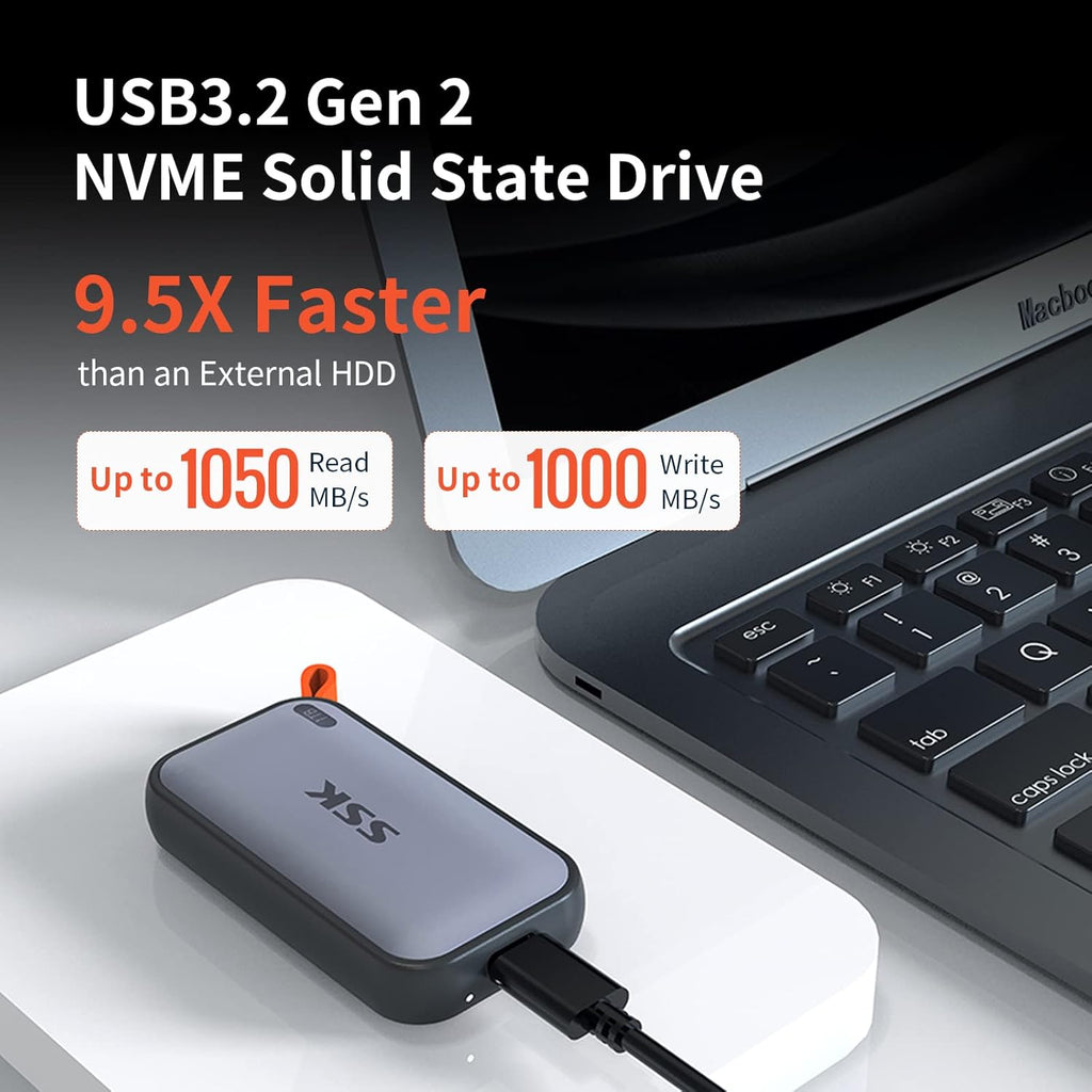 SSK Portable SSD 1TB External Solid State Drives, up to 1050MB/s USB C SSD External Hard Drive USB 3.2 Gen2 for iPhone 15/16/17Pro, Windows, Mac, Android Phones and Tablets