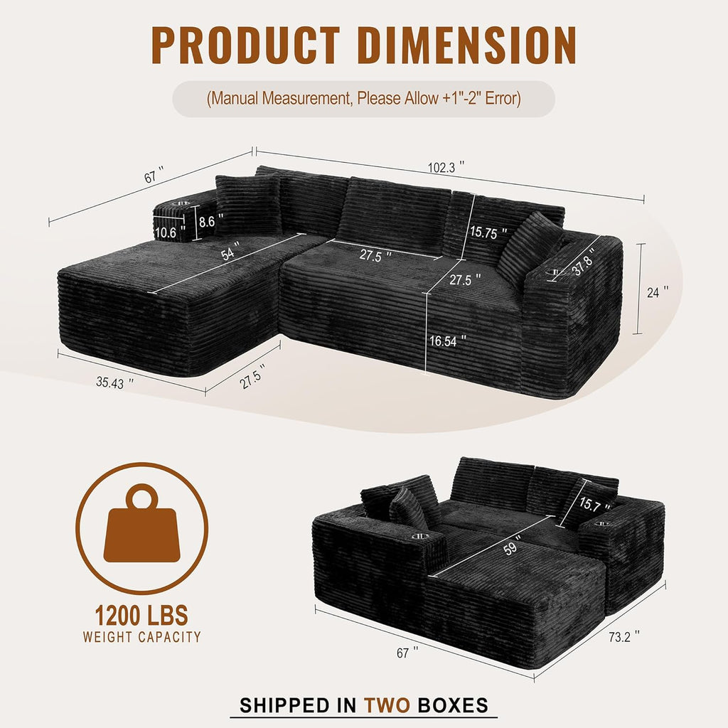 Shintenchi Boneless Couches for Living Room with 2 Cup Holders,L Shaped Modular Sectional Sofa Set,No Assembly Needed Plush Corduroy Living Room Set,Black
