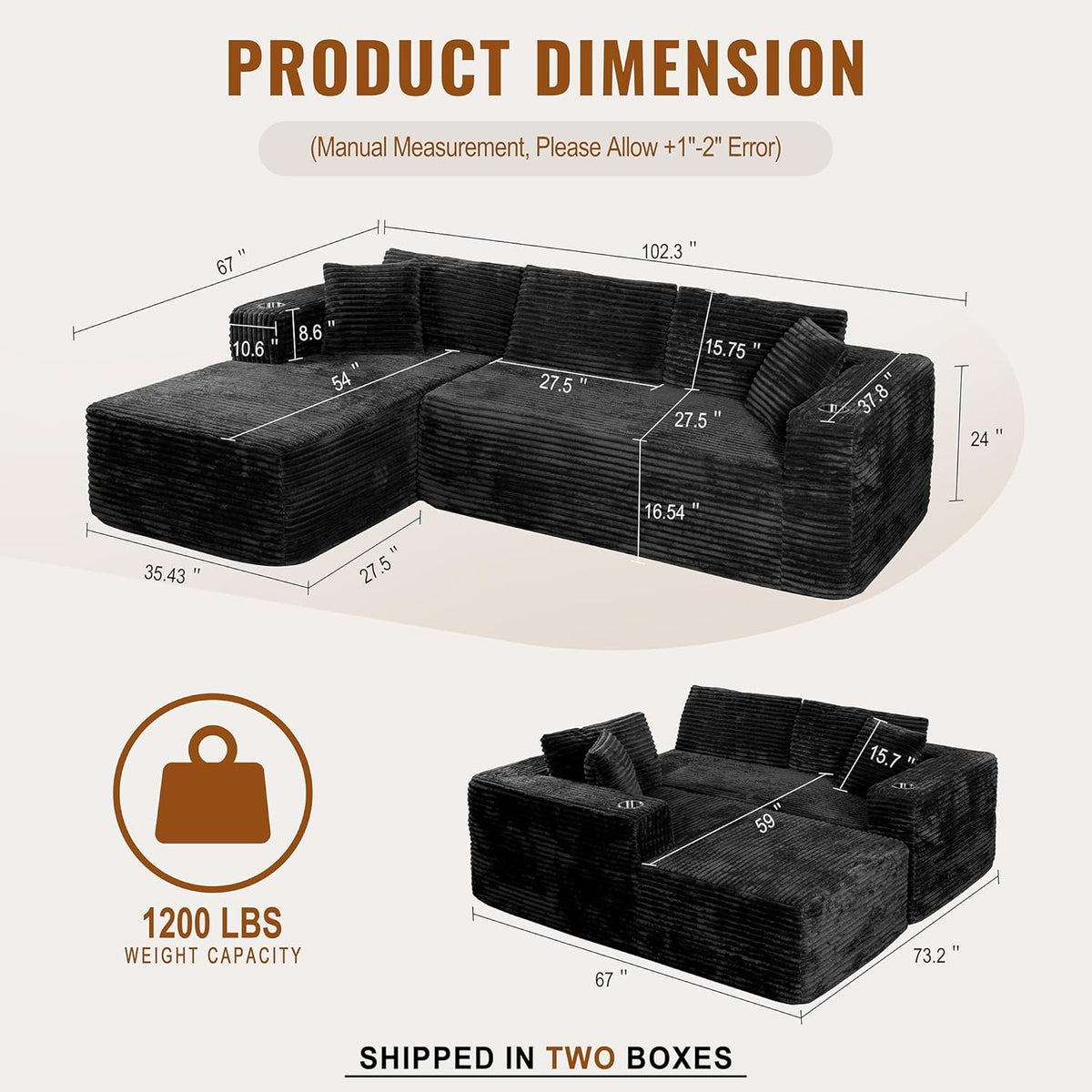 Shintenchi Boneless Couches for Living Room with 2 Cup Holders,L Shaped Modular Sectional Sofa Set,No Assembly Needed Plush Corduroy Living Room Set,Black