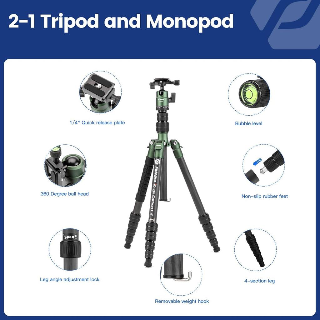 Fotopro 62" Carbon Fiber Travel Tripod, Lightweight Compact Camera Tripod with 360 Degree Ball Head, Detachable Monopod with Arca-Swiss QR Plate and Bag, Load up to 8KG/17.63lbs, Weighs only 2lb