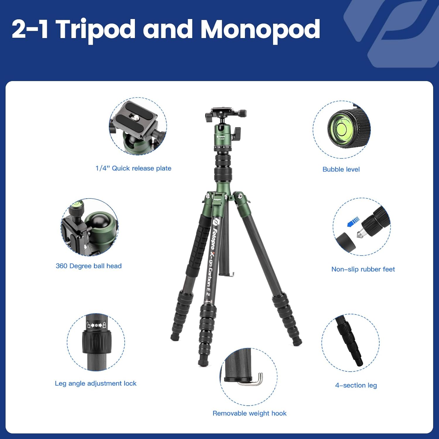 Fotopro 62" Carbon Fiber Travel Tripod, Lightweight Compact Camera Tripod with 360 Degree Ball Head, Detachable Monopod with Arca-Swiss QR Plate and Bag, Load up to 8KG/17.63lbs, Weighs only 2lb