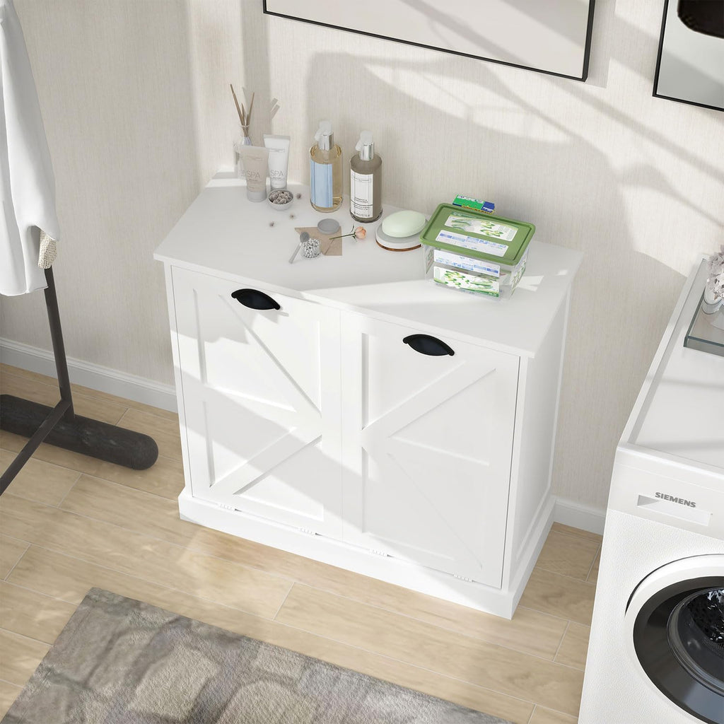 Bathroom Laundry Cabinet with 2 Baskets, Double Tilt Out Laundry Hamper Cabinet with Hidden Laundry Hampers, Freestanding Wooden Storage for Bathroom, Laundry Room, Kitchen