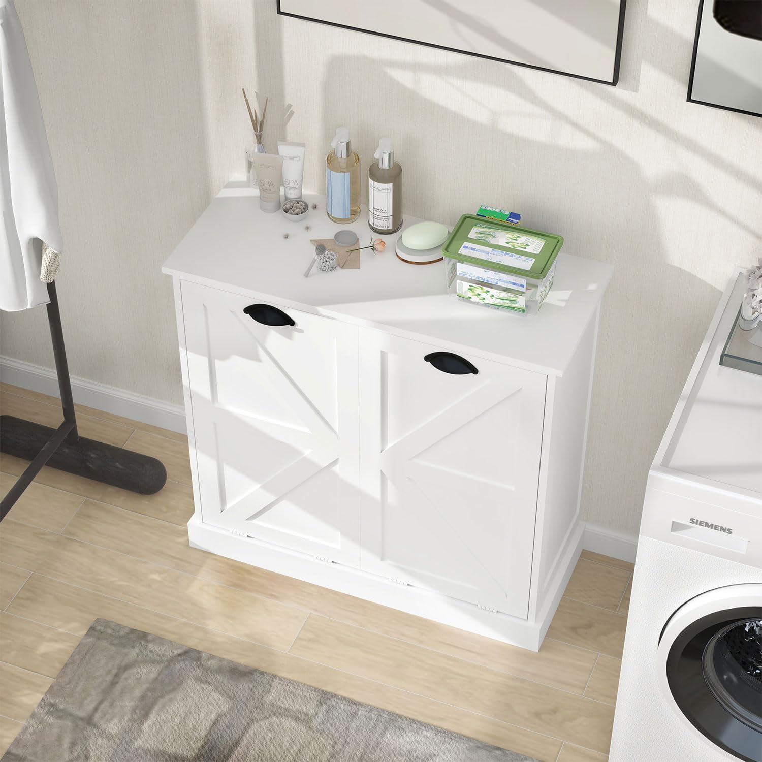 Bathroom Laundry Cabinet with 2 Baskets, Double Tilt Out Laundry Hamper Cabinet with Hidden Laundry Hampers, Freestanding Wooden Storage for Bathroom, Laundry Room, Kitchen