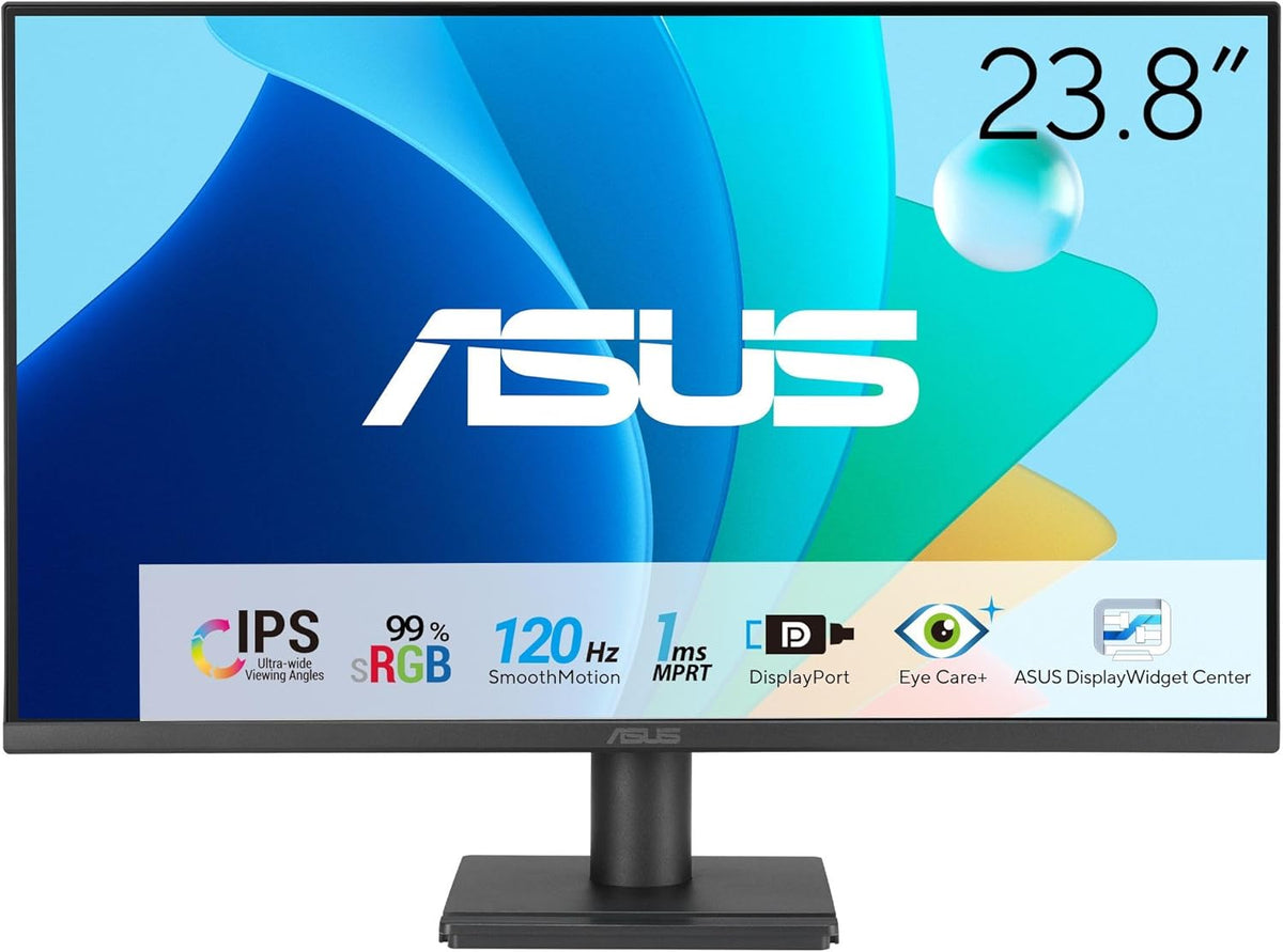 ASUS 24” 1080P Computer Monitor (VA249QG) – IPS, Full HD, 120Hz, 1ms, Adaptive-Sync, 99% sRGB, Speakers, HDMI, DisplayPort, VGA, Low Blue Light, Flicker-Free, VESA Mountable, 3yr Warranty