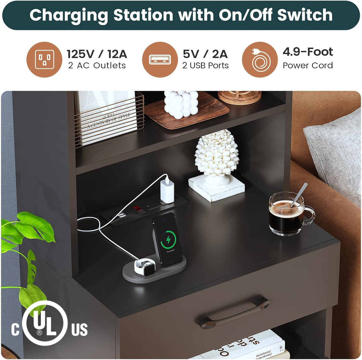 AOGLLATI Tall Night Stand Set of 2 with Charging Station and LED Lights, Black Nightstand with 3 Drawers and Adjustable Shelves, Modern Bedside Table with Bookshelf for Bedroom