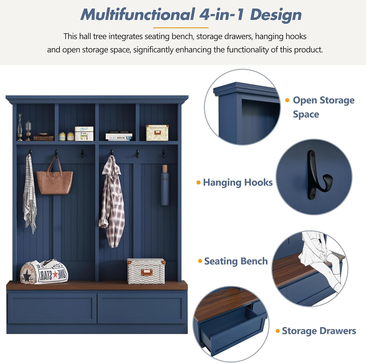 JIVOIT Hall Tree with Storage Bench, Farmhouse 4-in-1 Hall Tree with Wood Grain Bench, 2 Large Drawers, 6 Black Hooks, 4 Storage Compartments, Mudroom Versatile Coat Rack for Hallway, Living Room