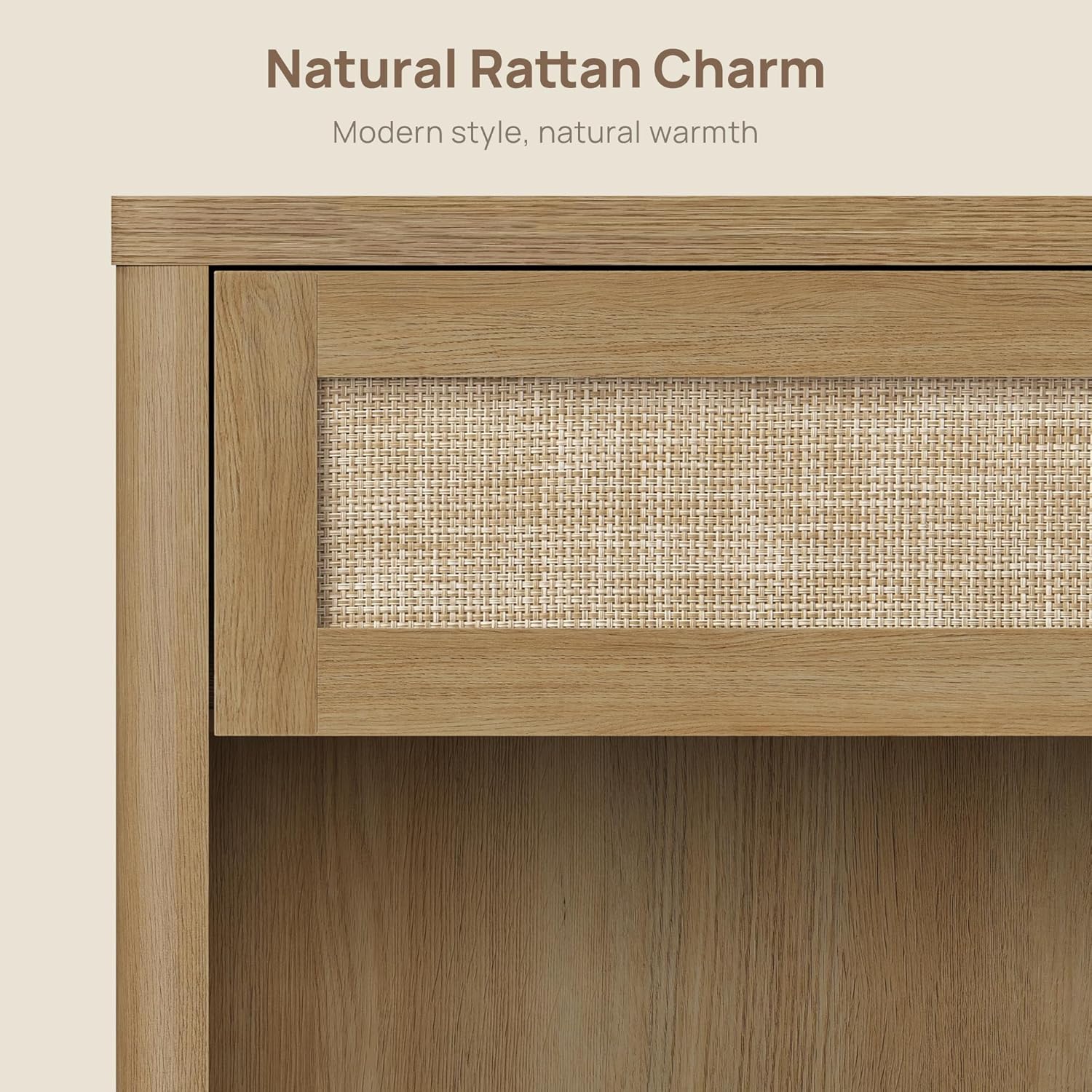 SICOTAS Night Stand Set of 2 26" Wide Large Nightstands with Drawer & Shelf Storage Rattan Bedside Table Boho End Table Tall Bed Side Tables Night Stands for Bedroom Living Room Sofa Office, Amber Oak
