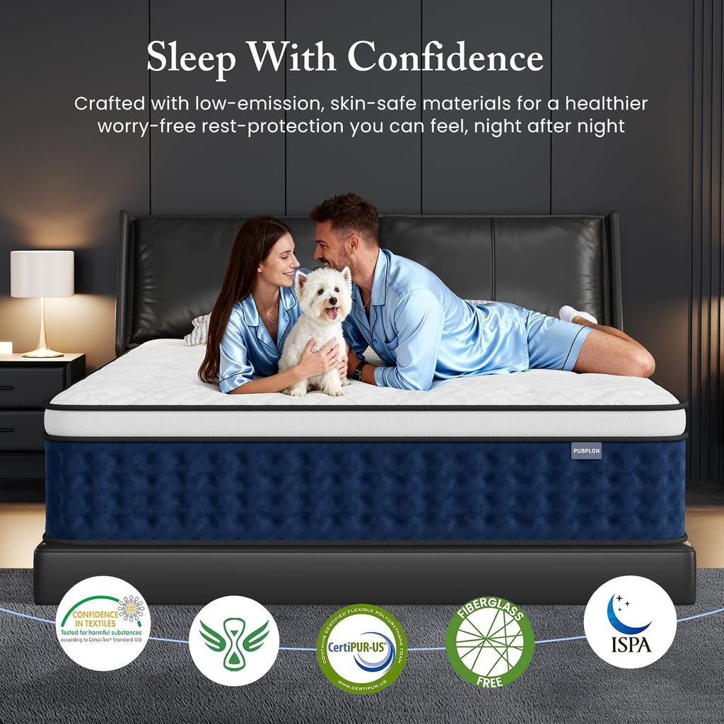PUBPLON King Size Mattress, 14 Inch Hybrid King Mattress in a Box with Gel Memory Foam New Version, Individually Pocket Coils Springs, Pressure Relief Motion Isolation, Edge Support, Medium Firm