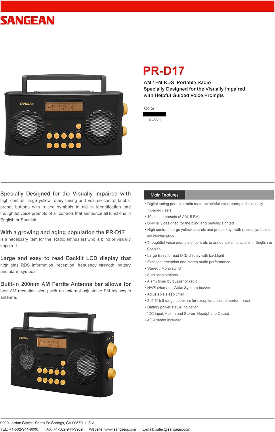 Sangean PR-D17 AM/FM-RDS Portable Radio Specially Designed for The Visually Impaired with Helpful Guided Voice Prompts, high Contrast Large Yellow Controls with Raised Symbols