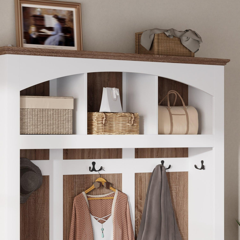 66.9" Tall Hall Tree with Bench and Shoe Storage, Modern Entryway Mudroom Furniture with Coat Rack and 2 Rattan Baskets, White and Oak Home Organizer with 5 Hooks for Foyer