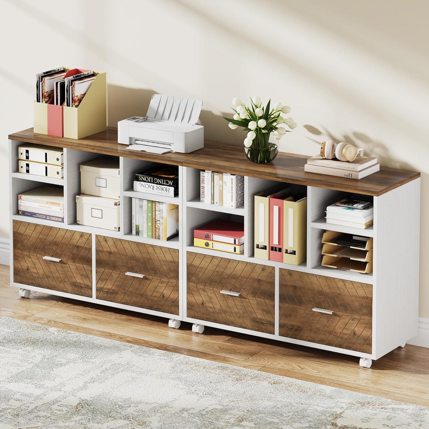 Tribesigns 2-Drawer Wood File Cabinet, Mobile Lateral Filing Cabinet for Hanging Letter Size Files, Printer Stand with Open Storage Shelves for Home Office (Oak Karo & White)