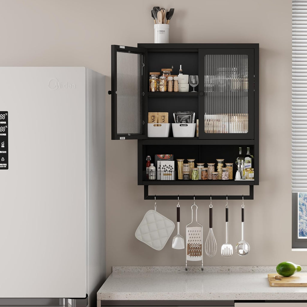 Bathroom Wall Cabinet, Over The Toilet Space Saver Storage Cabinet, Medicine Cabinet with 2 Glass Door and Towel Bar, Metal Wall Mounted Cabinet for Bathroom Laundry Room Kitchen