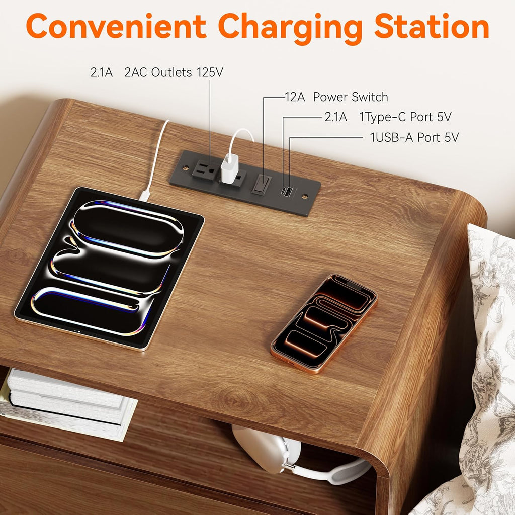 23.8" Modern Nightstand with Hidden Drawers Walnut Night Stand with Charger Station Mid Century Bedside Table Curved Wood Side Table for Bedroom Dorm
