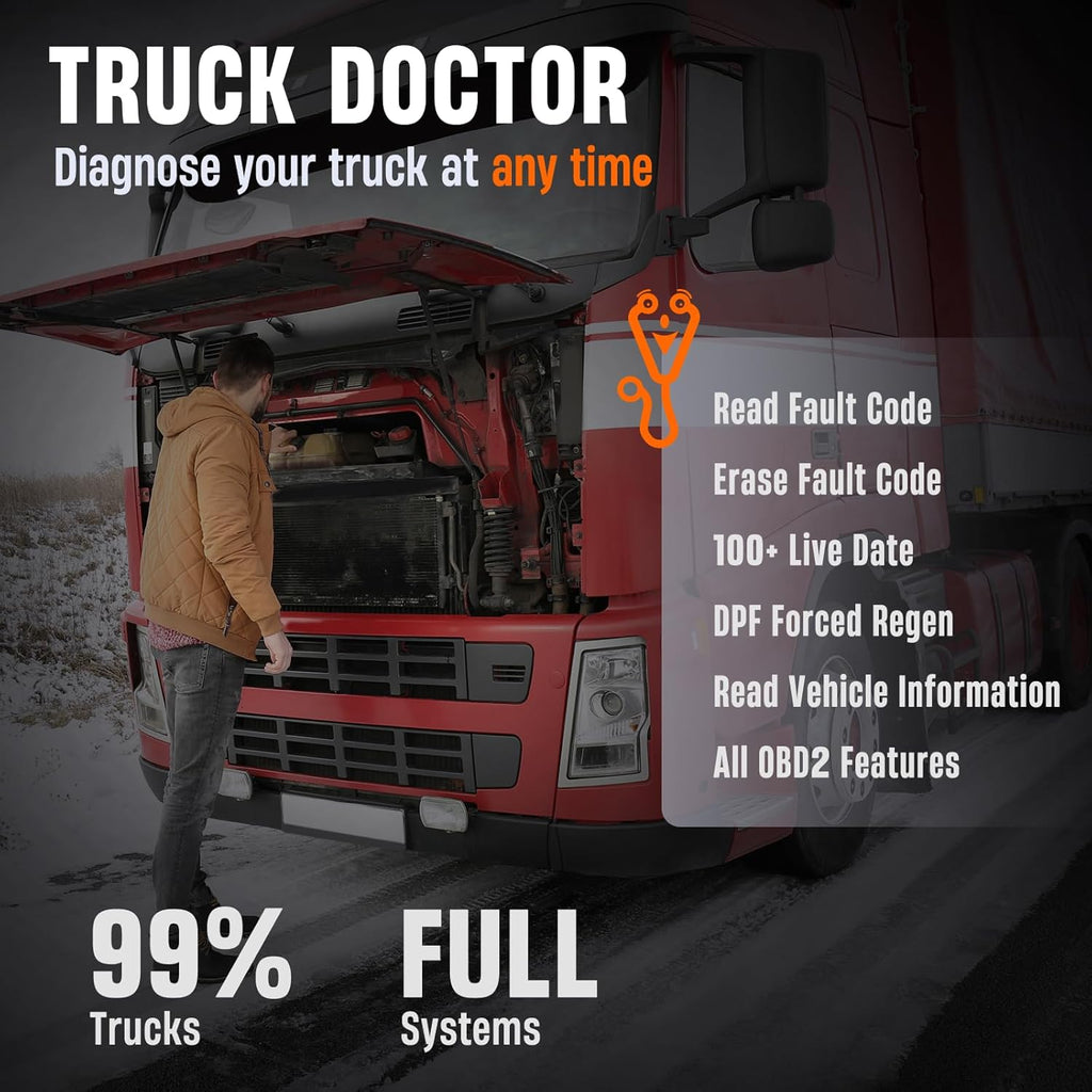 ANCEL HD100 Heavy Duty Truck Scanner with DPF Regen for Cummins & CAT Engines, Bluetooth Diesel Diagnostic Tool with All-System Scan, HDOBD & OBD2 Code Reader for Semi Trucks, Lifetime Free Updates