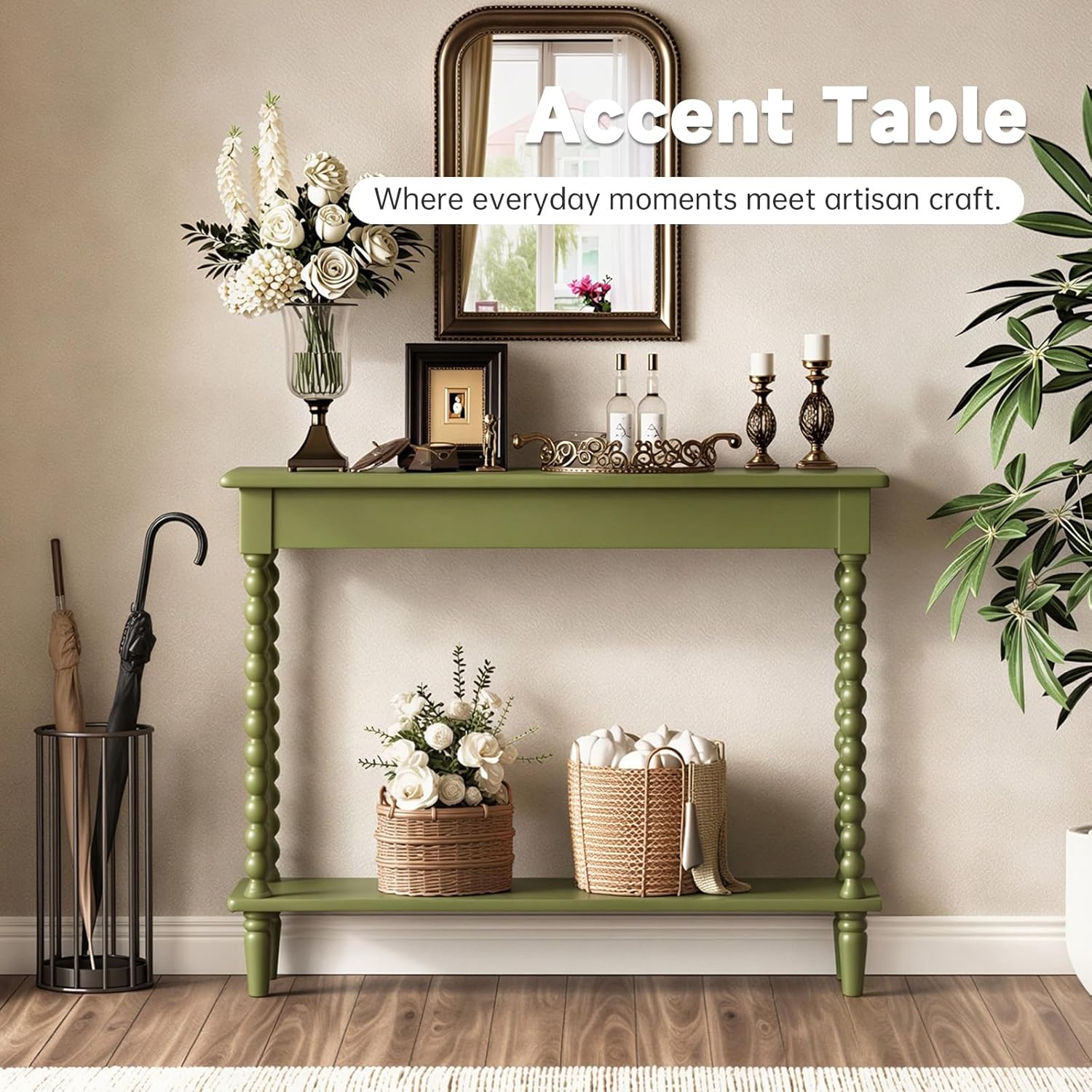 45'' Vintage Console Table, 100% Solid Wood Tall Entryway Table with 2-Tier Storage for Entrance, Hallway, Foyer, Living Room, Narrow Couch Table Behind Sofa, Minimal Assembly, Green