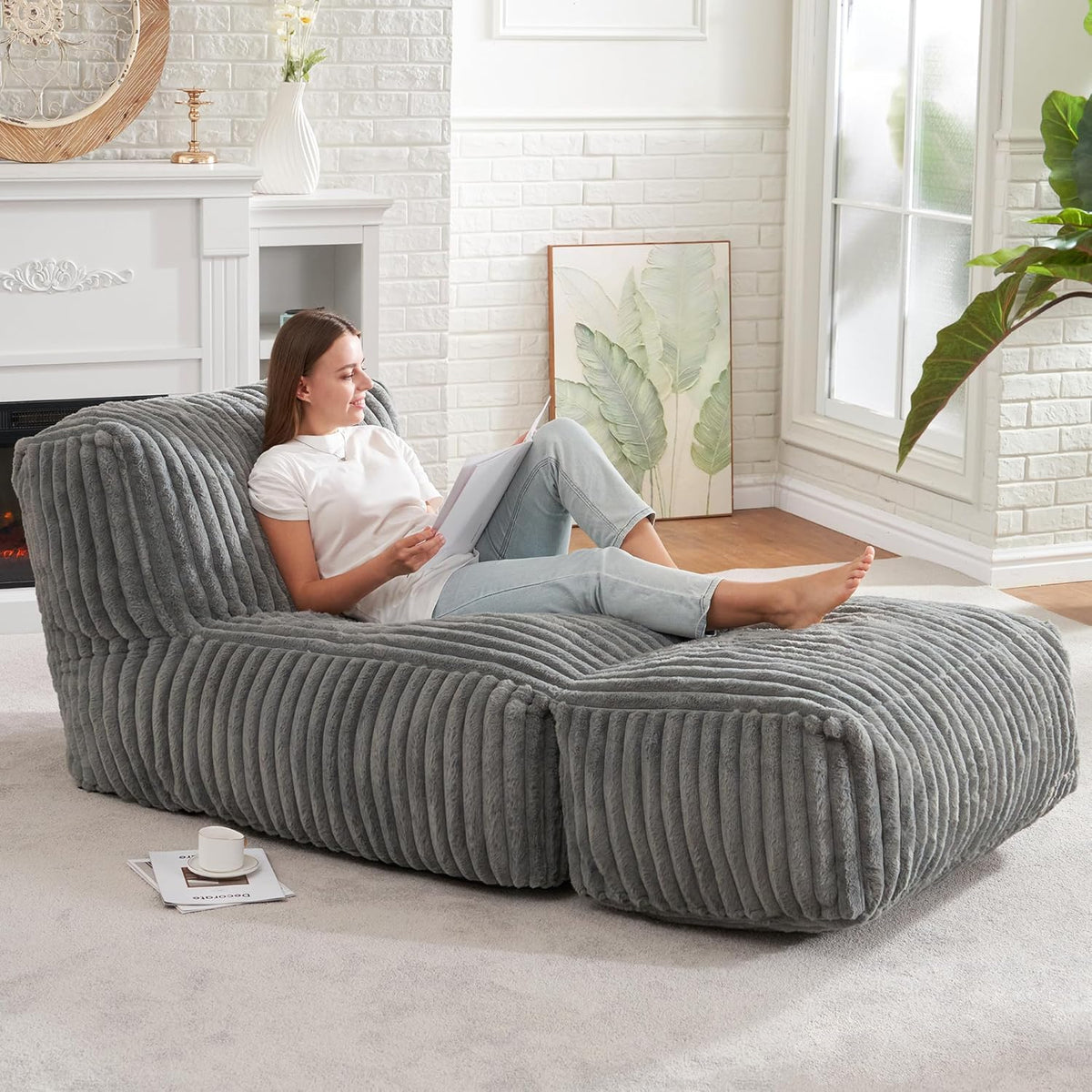 Hobestluk Big Bean Bag Lounger Chairs Large Beanbag Chair for Adults Bean Bag Sofa with Memory Foam Filled for Living Room, Bedroom or Balcony (Stripe Grey)
