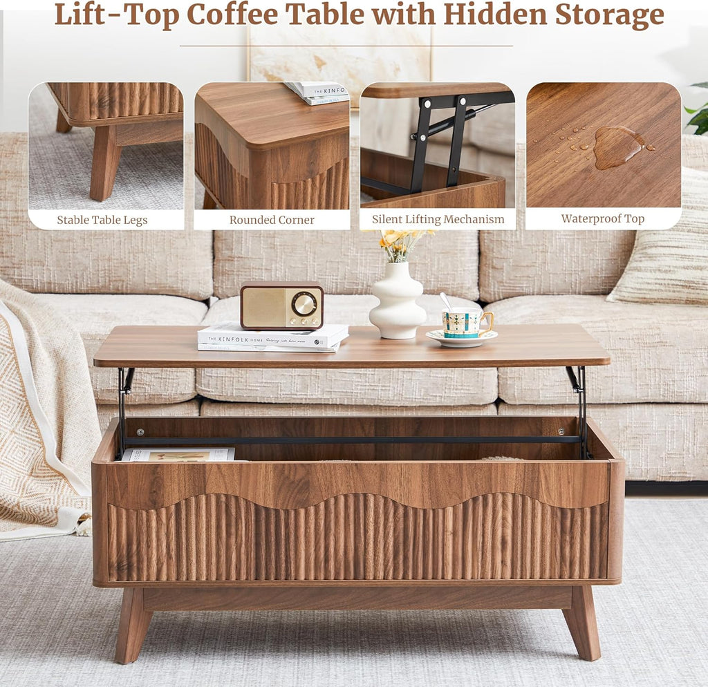 BERRYMERRY Fluted Wave TV Stand and Coffee Table Set of 2, Mid Century Modern Lift Top Coffee Table and Entertainment Center for Living Room (Walnut)
