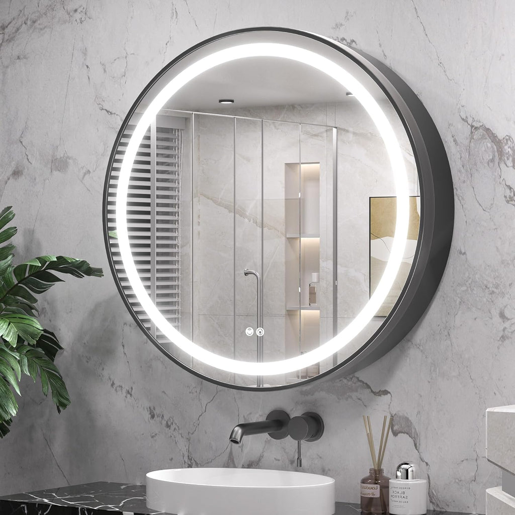Keonjinn 30 Inch Round Lighted Medicine Cabinet, Black LED Medicine Cabinet Mirror, Circle, Electrical Outlet, 3 Color Lights, Anti-Fog, Dimmable, Surface Mount Only