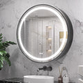 Keonjinn 30 Inch Round Lighted Medicine Cabinet, Black LED Medicine Cabinet Mirror, Circle, Electrical Outlet, 3 Color Lights, Anti-Fog, Dimmable, Surface Mount Only