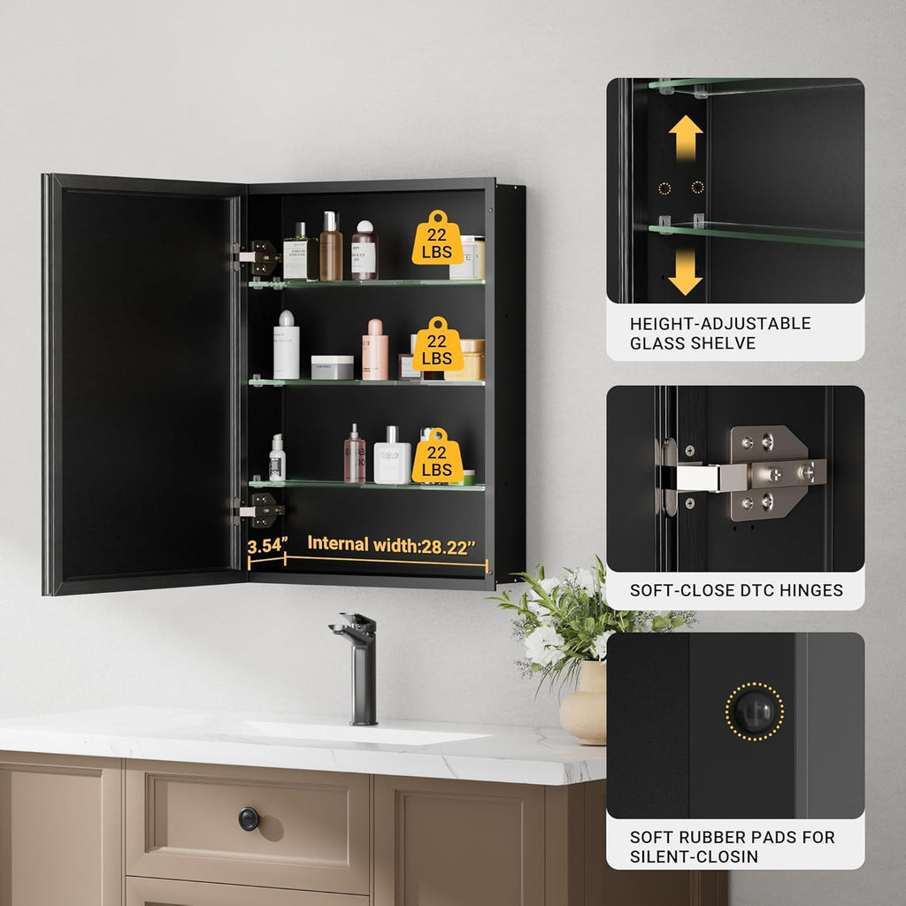 30x26 Pre-Assembled Black Medicine Cabinet with Mirror, Surface or Recessed Medicine Cabinet Mirror for Bathroom, Aluminum Beveled Frame Bathroom Vanity Mirror with Adjustable Shelves Storage