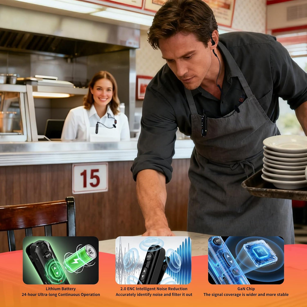 Super Mini Walkie Talkies Pro Two Way Radio with Earpieces, 8 Way Multi Unit Charger, Rechargeable Portable Communication Set for Restaurants, Hotels, Supermarkets, Team Events, Baseball, 8 Pack