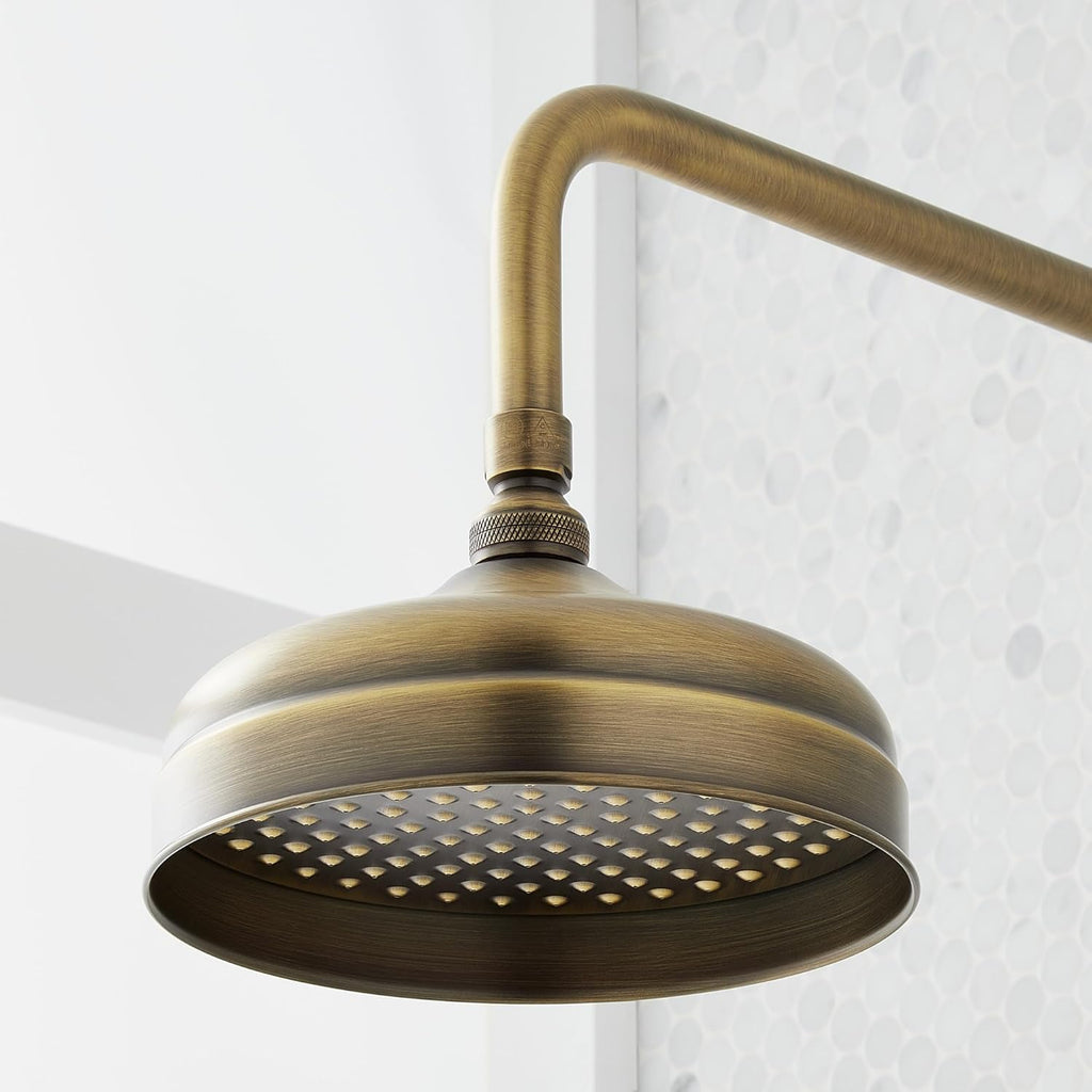 Signature Hardware 922235 Baudette Exposed Pipe Shower System with Rainfall Shower Head, Shower Arm, and Cross Handles - Brushed Gold