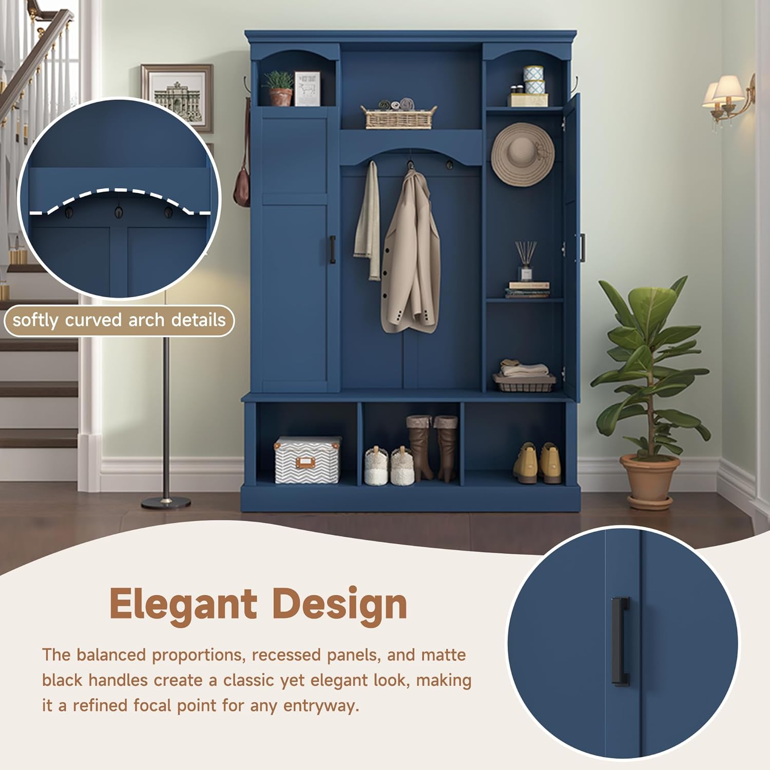 Modern Farmhouse Hall Tree with Adjustable Shelves & 7 Hooks, All-in-One Entryway Organizer, Shoe Cabinet & Storage Bench for Mudroom, Hallway, Classic Arched Design, Dual Side Cabinets (Blue Style6)