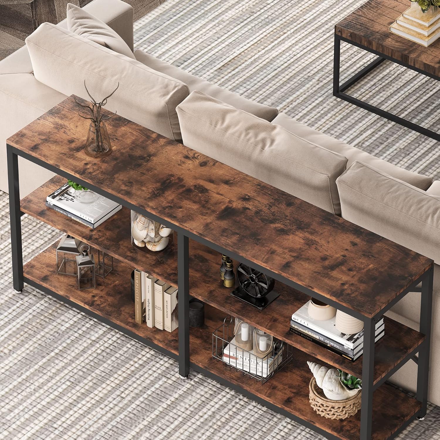 Tribesigns 70.9 Inch Extra Long Console Table, Modern Sofa Table Behind Couch Table with Storage Shelves, 3-Tier Industrial Hallway Entryway Table for Living Room, 3 Shelf Bookshelf(Brown)