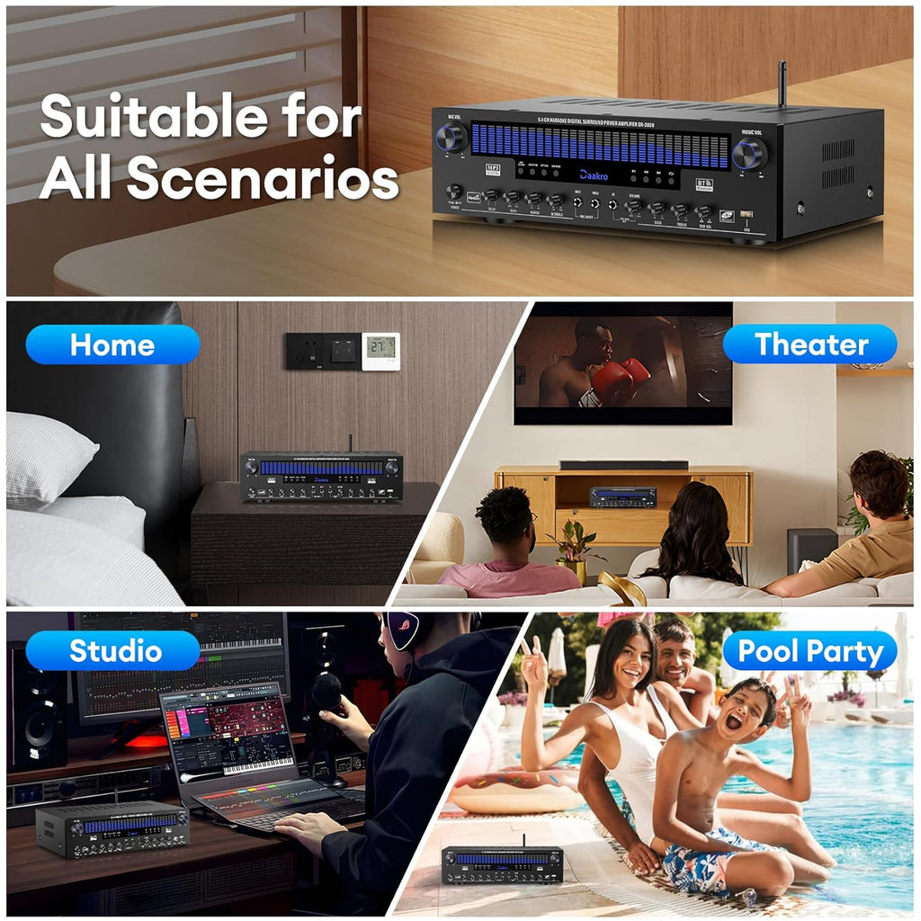 Daakro Stereo Receivers Home Audio Amplifier w/DSP Display,300W Rated Power 5.1 Channel Bluetooth Receiver,Home Amp w/BT/CD/DVD/AUX/USB/BT/FM/Opt/COA/MIC for Home/Studio/Theater Passive Speakers
