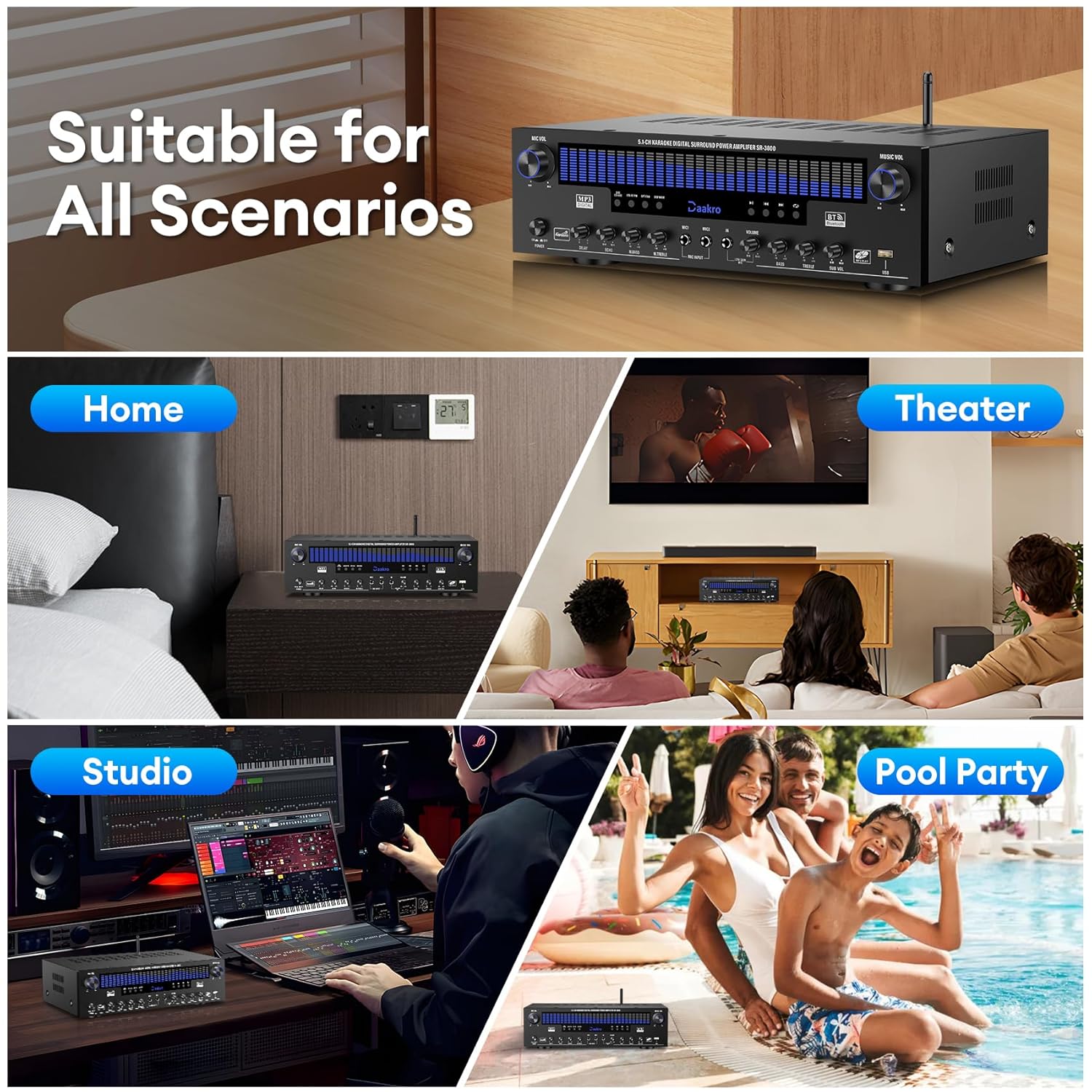 Daakro Stereo Receivers Home Audio Amplifier w/DSP Display,300W Rated Power 5.1 Channel Bluetooth Receiver,Home Amp w/BT/CD/DVD/AUX/USB/BT/FM/Opt/COA/MIC for Home/Studio/Theater Passive Speakers