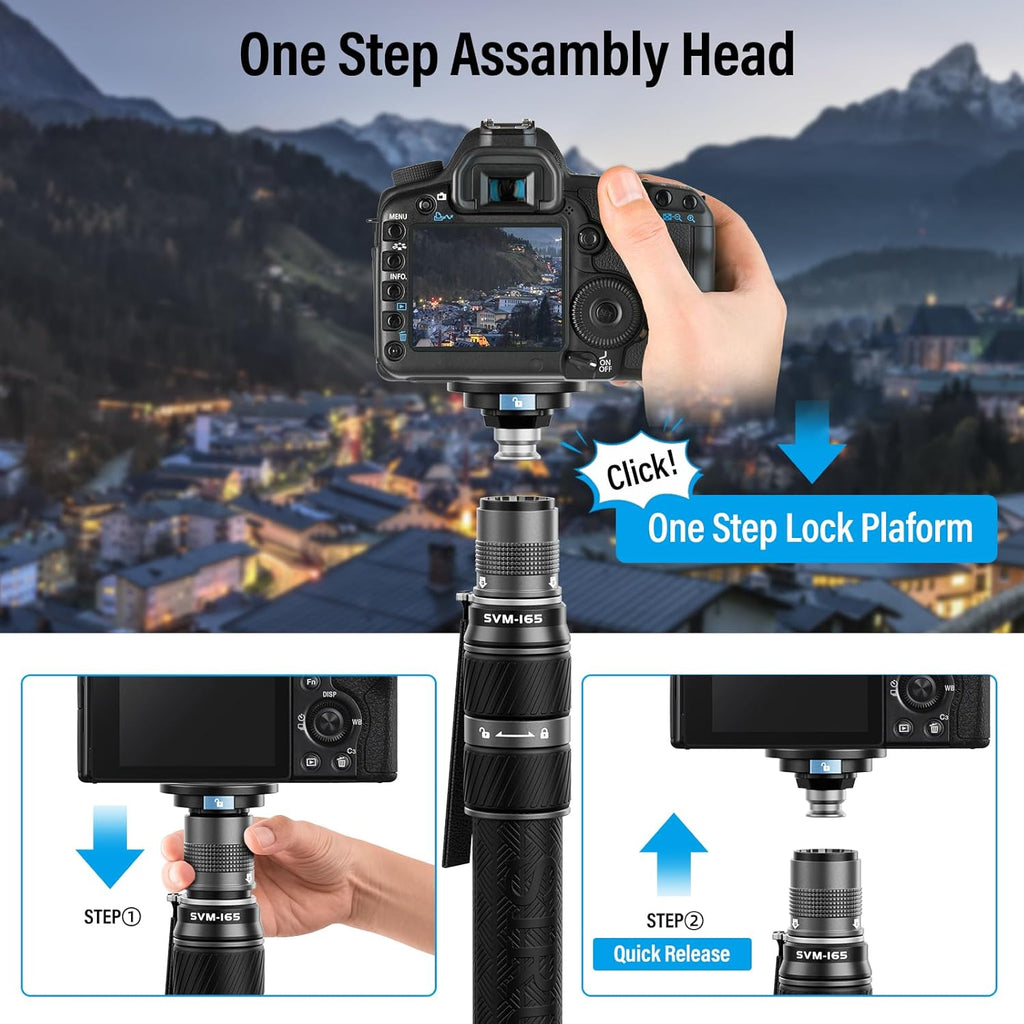 SIRUI SVM-165 Rapid Monopod for Cameras, 65” Carbon Fiber Monopod with Feet, One-Step Rapid Height Adjustment, Lightweight for DSLR Camera, Modular 3 in 1, Max Load 22lbs