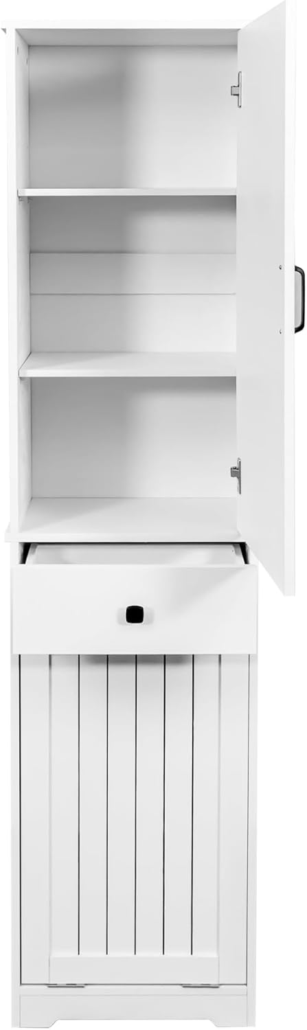 Laundry Cabinet with Doors and Shelf, Tilt-Out Laundry Hamper, Multiple Storage Space, Freestanding, Open Shelve, Adjustable Shelf, White, HU26041107 (11.81"x18.11"x70.87")