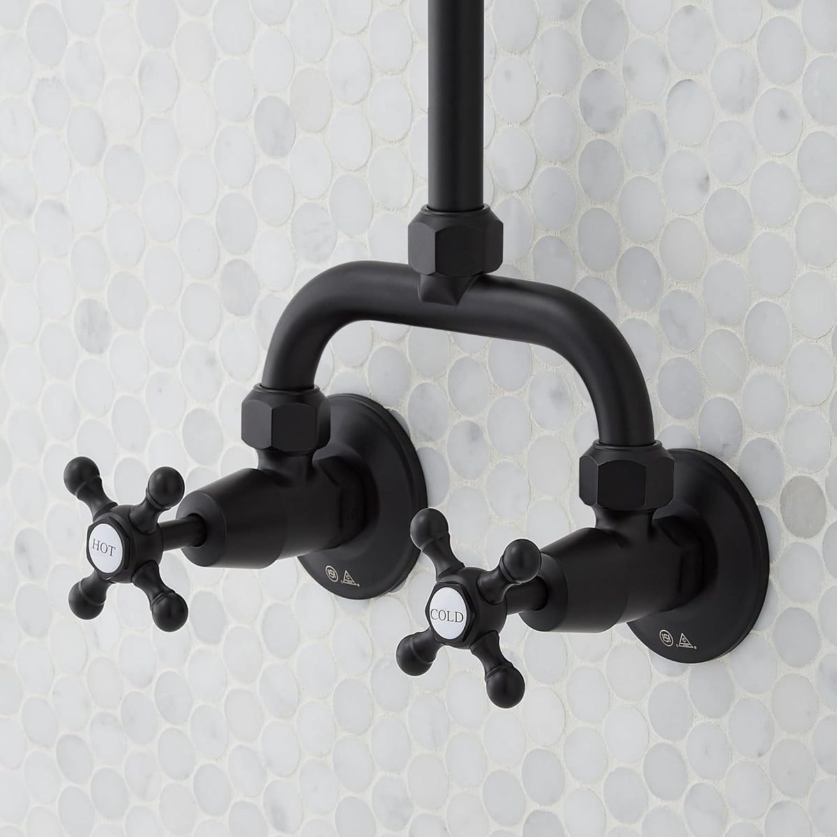 Signature Hardware 922235 Baudette Exposed Pipe Shower System with Rainfall Shower Head, Shower Arm, and Cross Handles - Brushed Gold