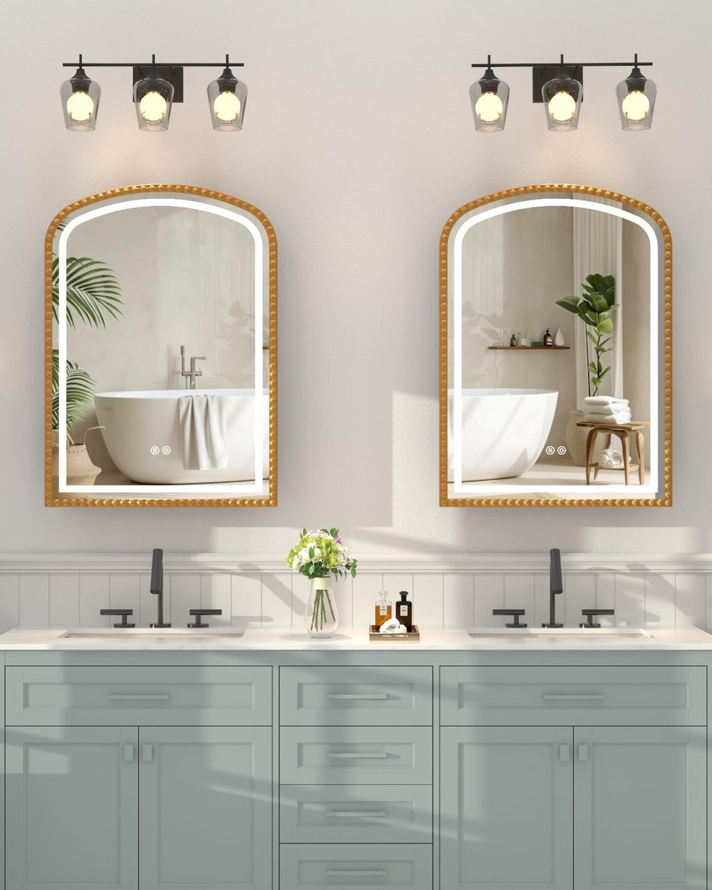 20x28 Inch Arched Medicine Cabinet with Mirror and Lights, LED Bathroom Mirror Cabinet with Defogging & Touch Light, Surface Mount and Recessed with 1 Storage Organizer, Daisy Beaded Frame Bling Gold