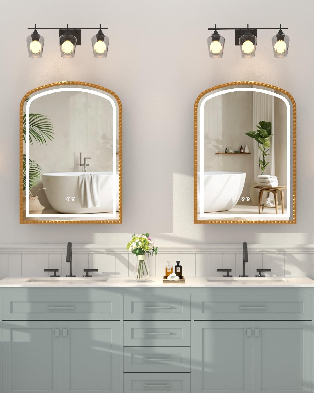 20x28 Inch Arched Medicine Cabinet with Mirror and Lights, LED Bathroom Mirror Cabinet with Defogging & Touch Light, Surface Mount and Recessed with 1 Storage Organizer, Daisy Beaded Frame Bling Gold